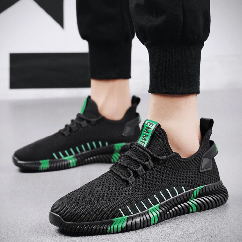Men's Mesh Sneakers Black Green Breathable Lightweight Running Shoes Size 46